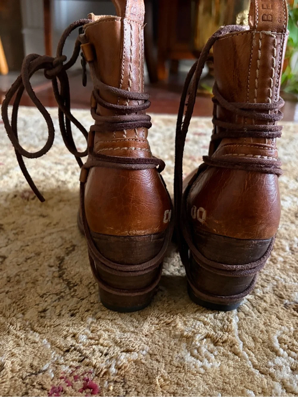 Bed Stu Cobbler Clair Lace-Up Leather Ankle Boots in Chestnut Brown side zip